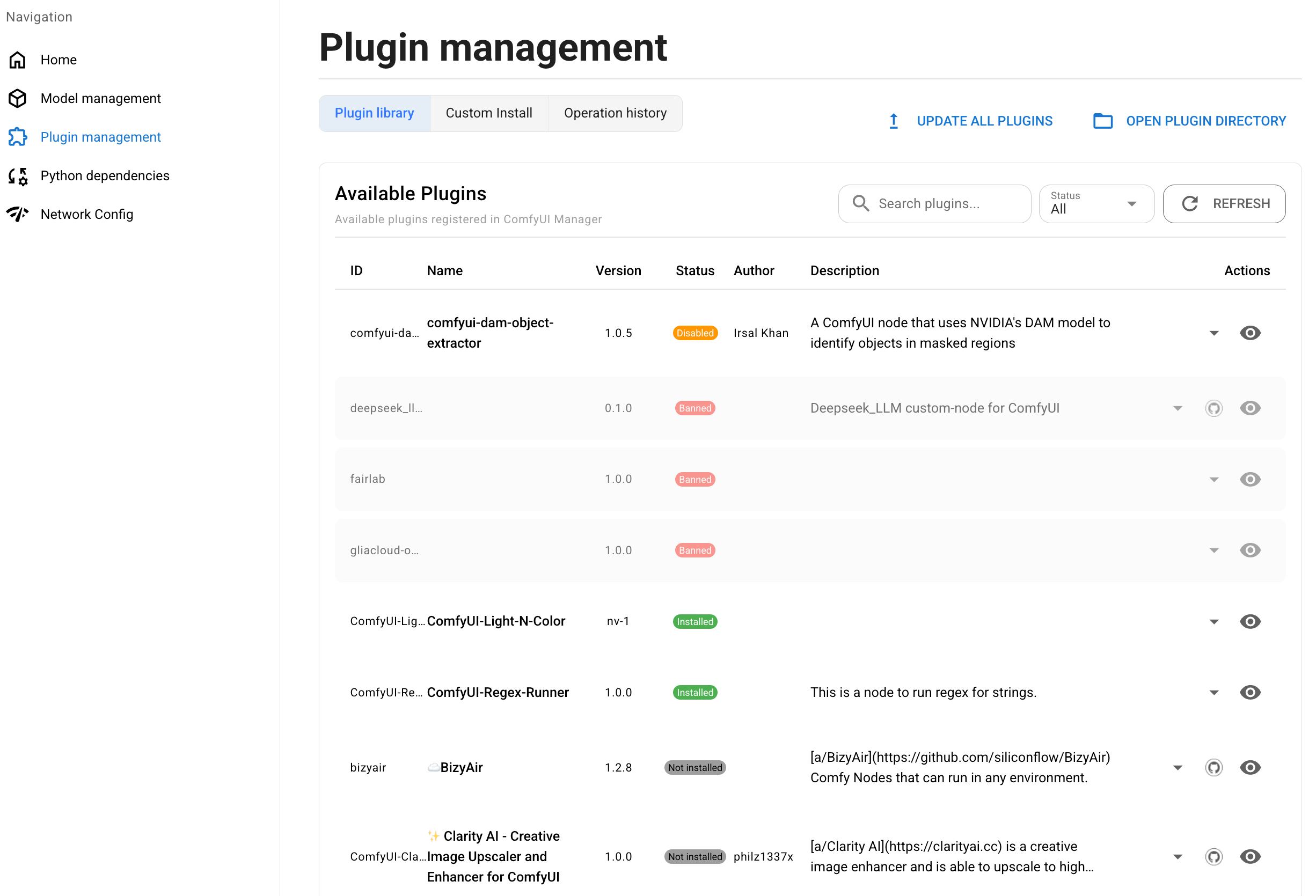 Plugin status