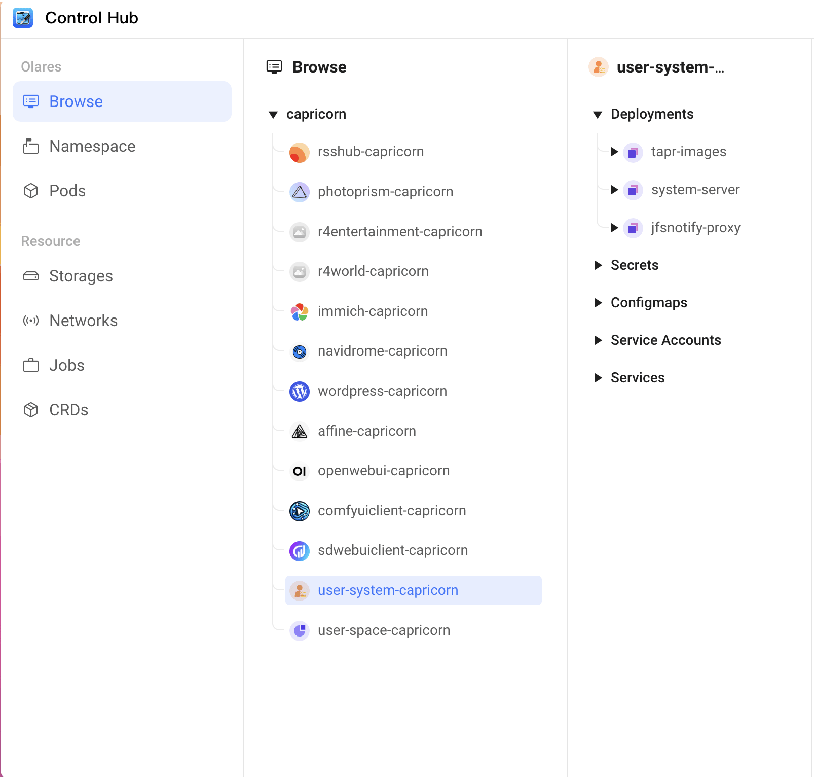 View running pods in Control Hub