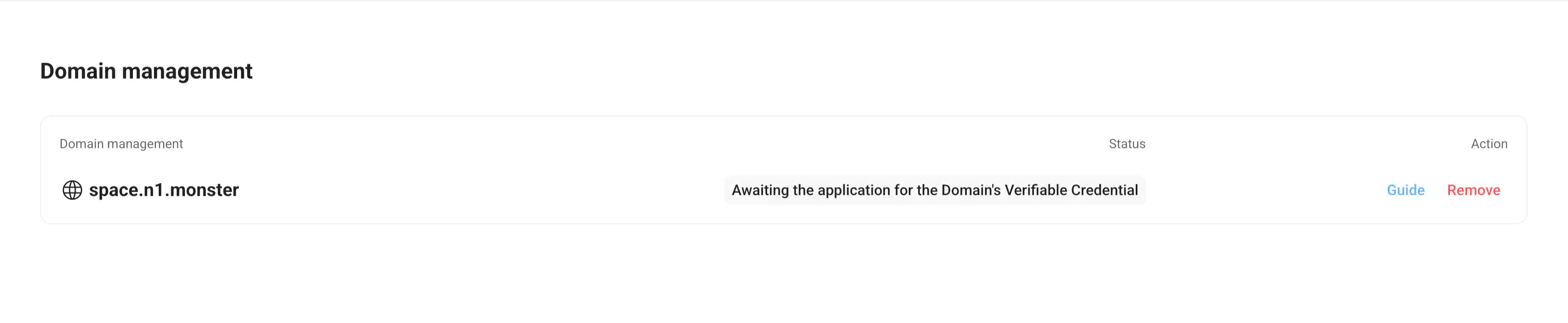 Domain status updated to Awaiting the application for the Domain's Verifiable Credential