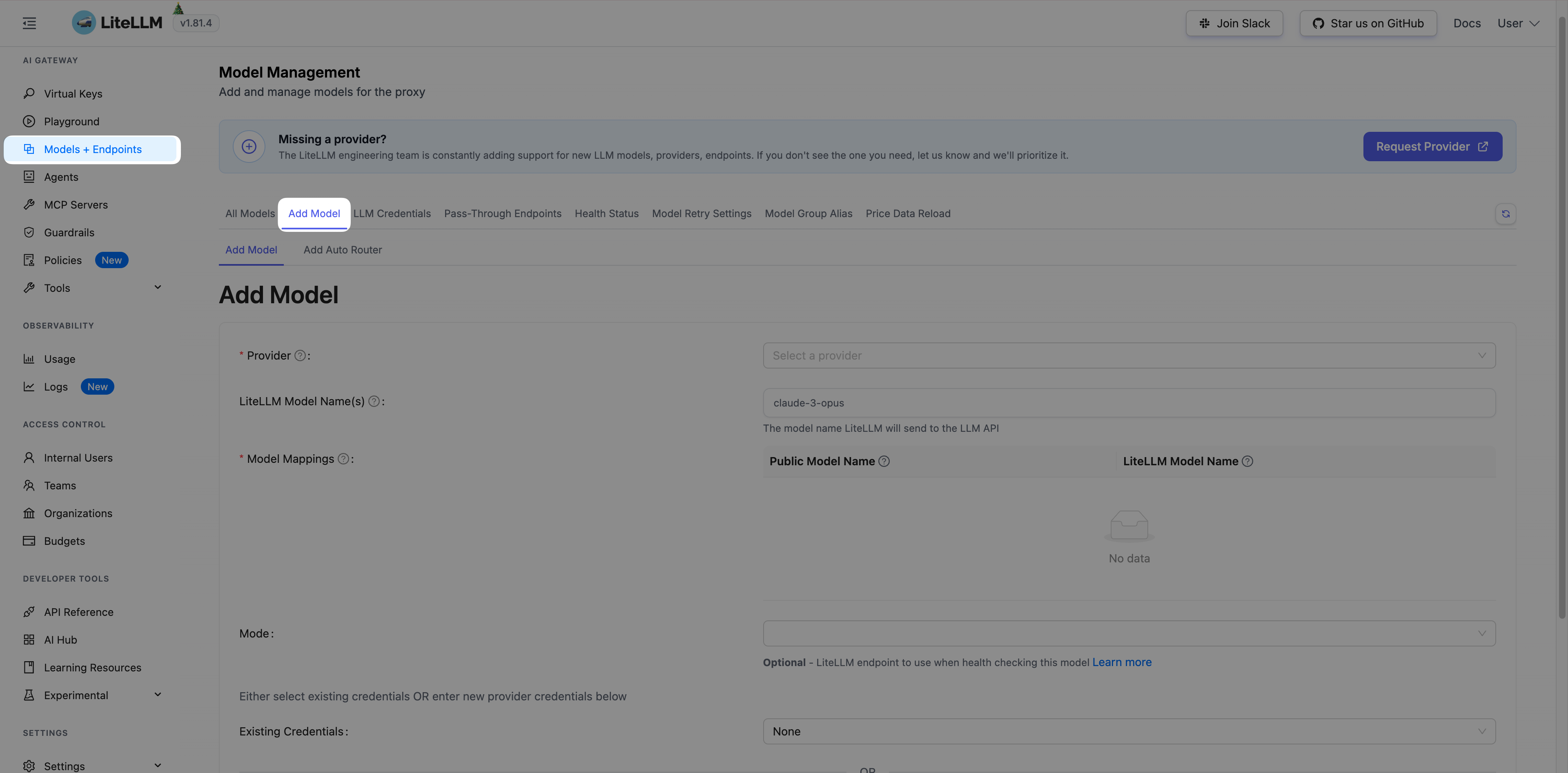Add Model tab