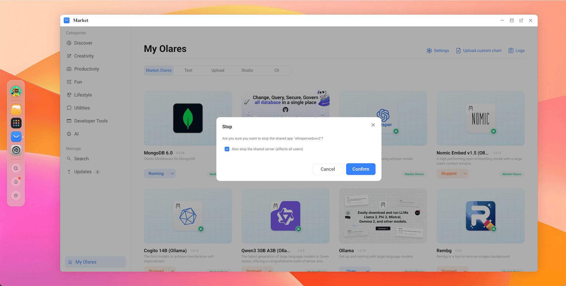 Market stop C/S app dialog with option to close server side