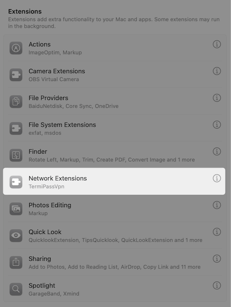 Network Extensions section in System Settings