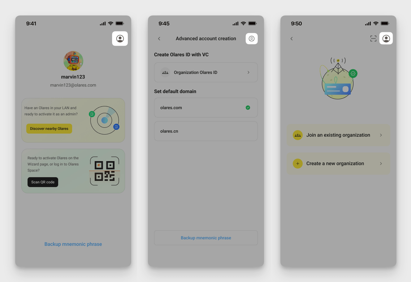 在账户创建过程中切换 Olares ID