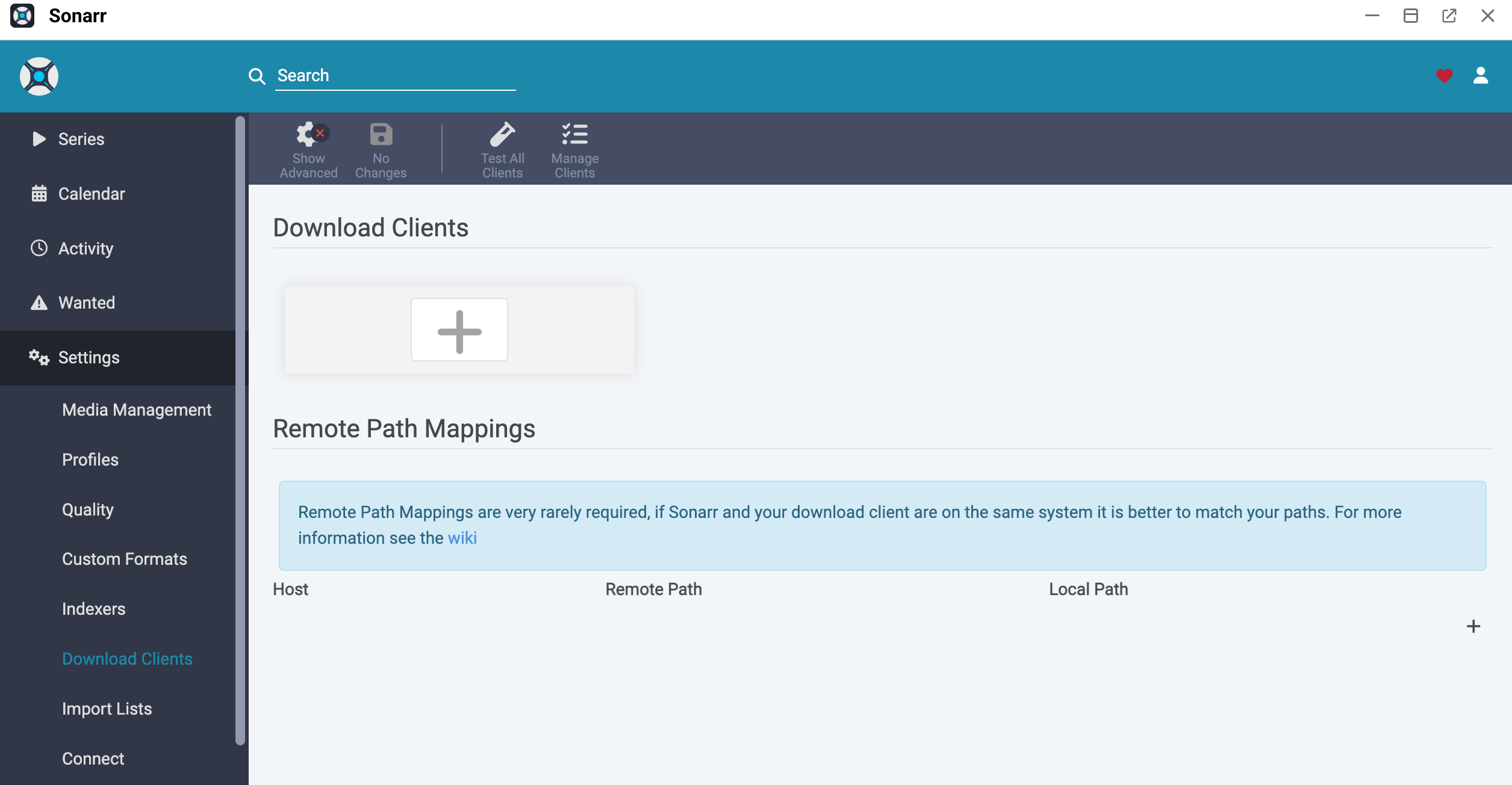 Sonarr Download Clients page