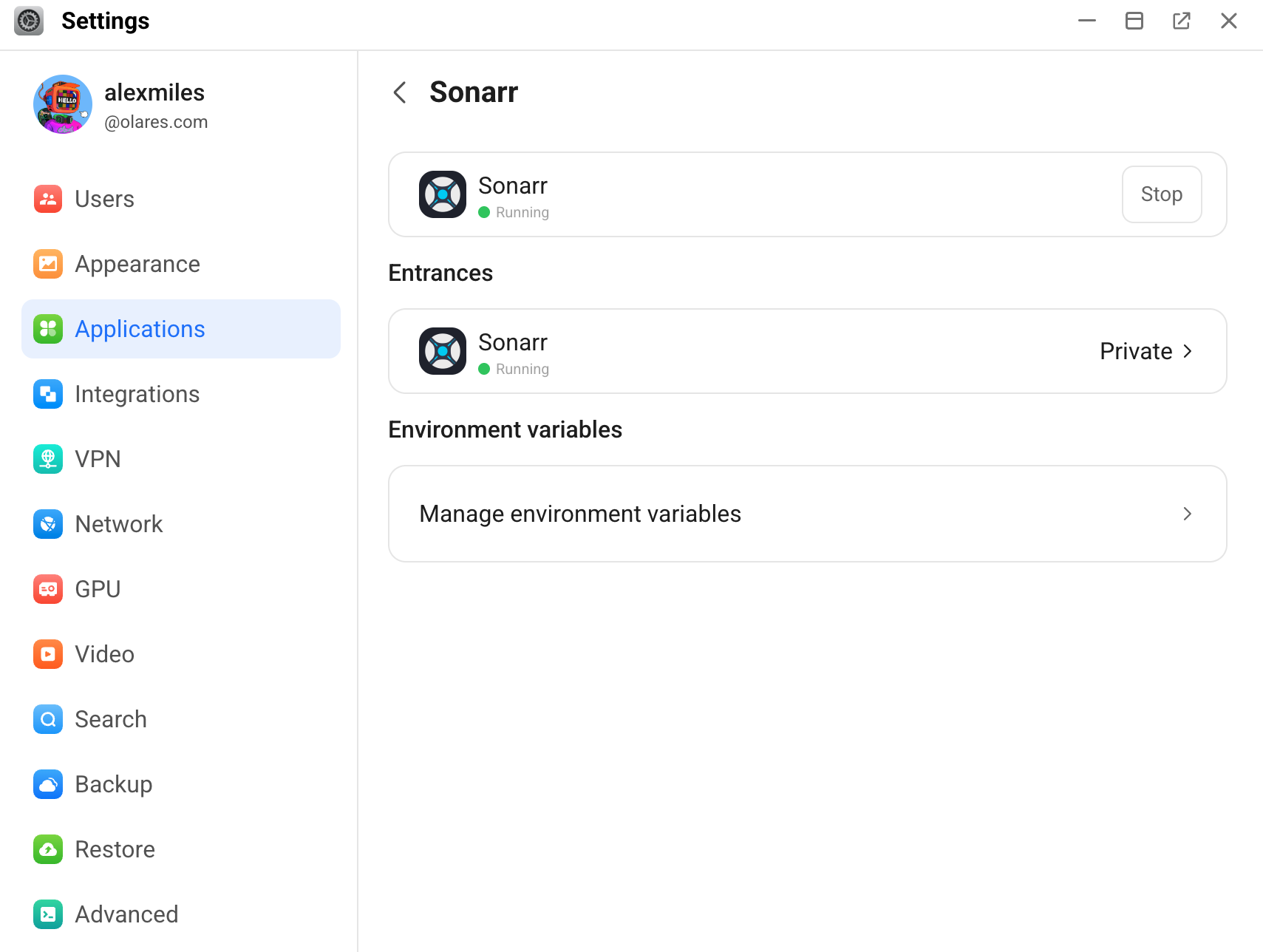 Sonarr entrance in Settings