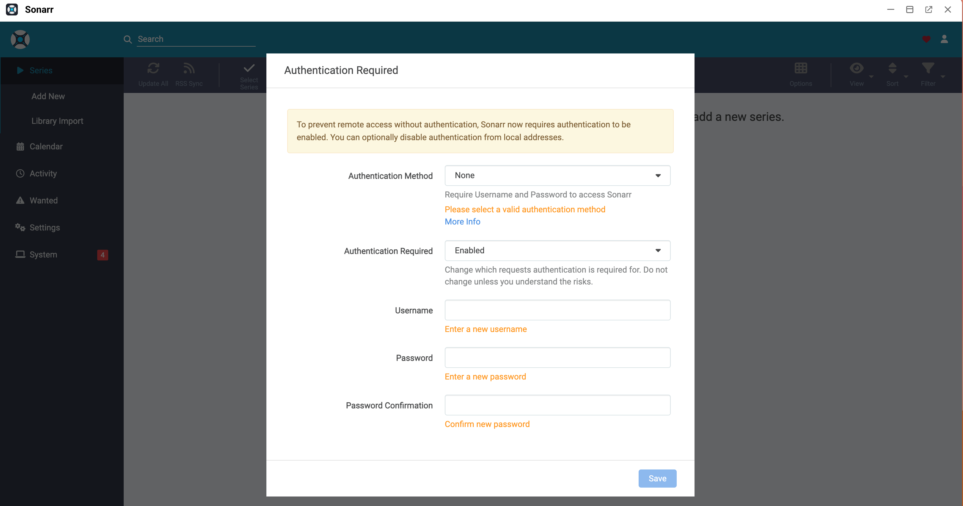 Sonarr initial settings upon first launch