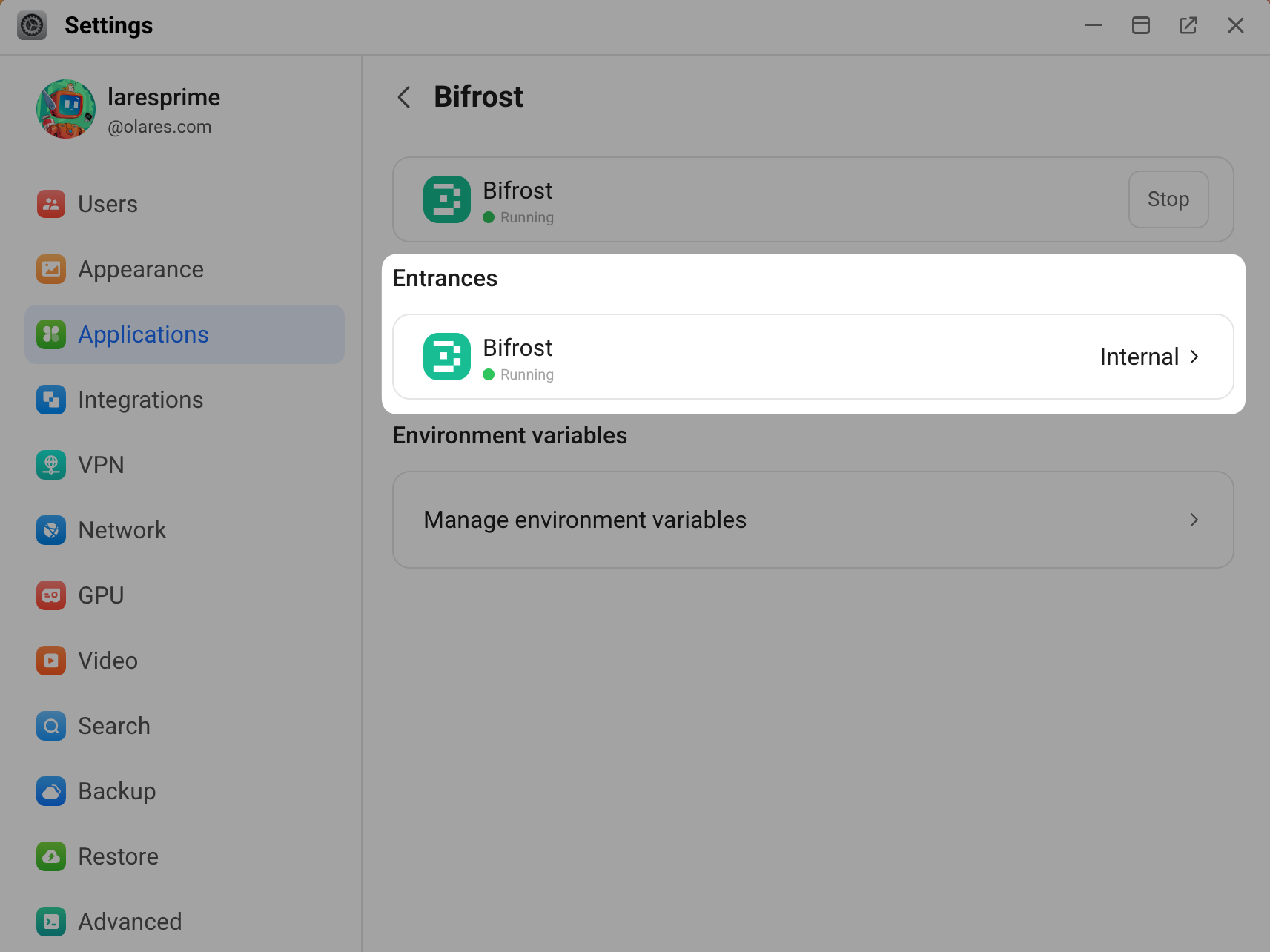 Bifrost endpoint in Settings
