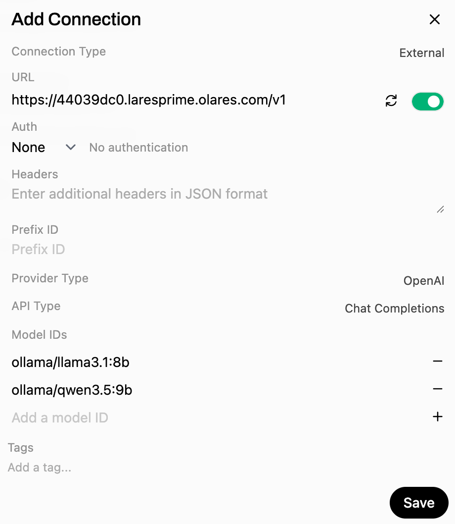 Open WebUI connection form