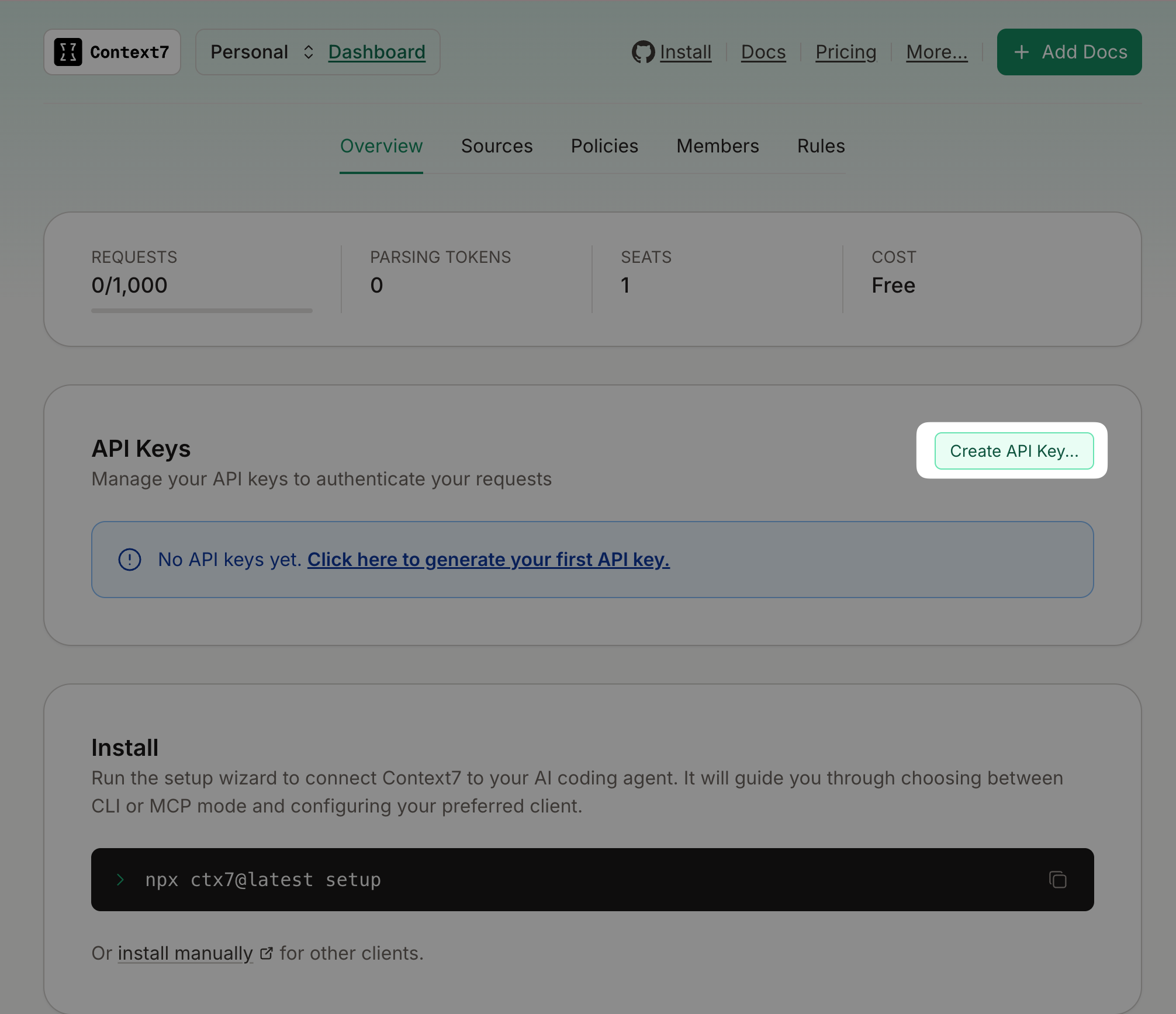 Context7 dashboard create api key