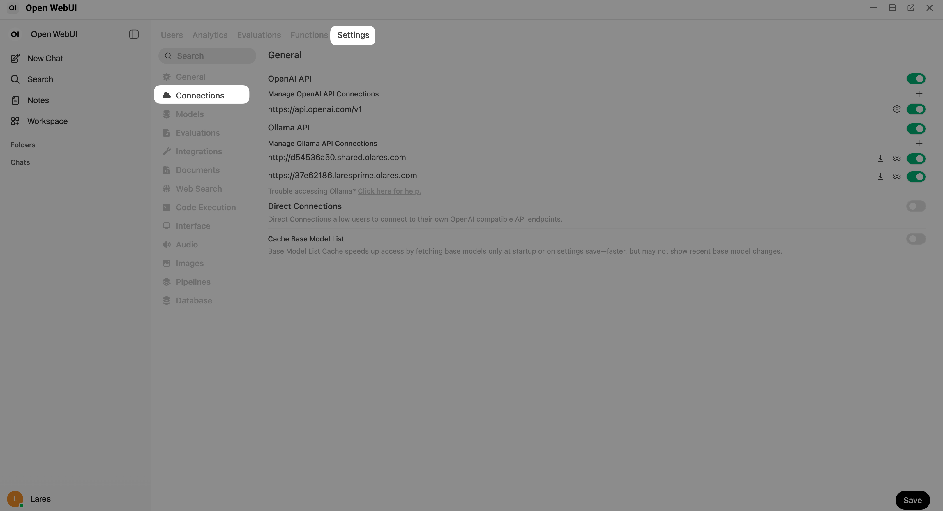 Open WebUI connections page