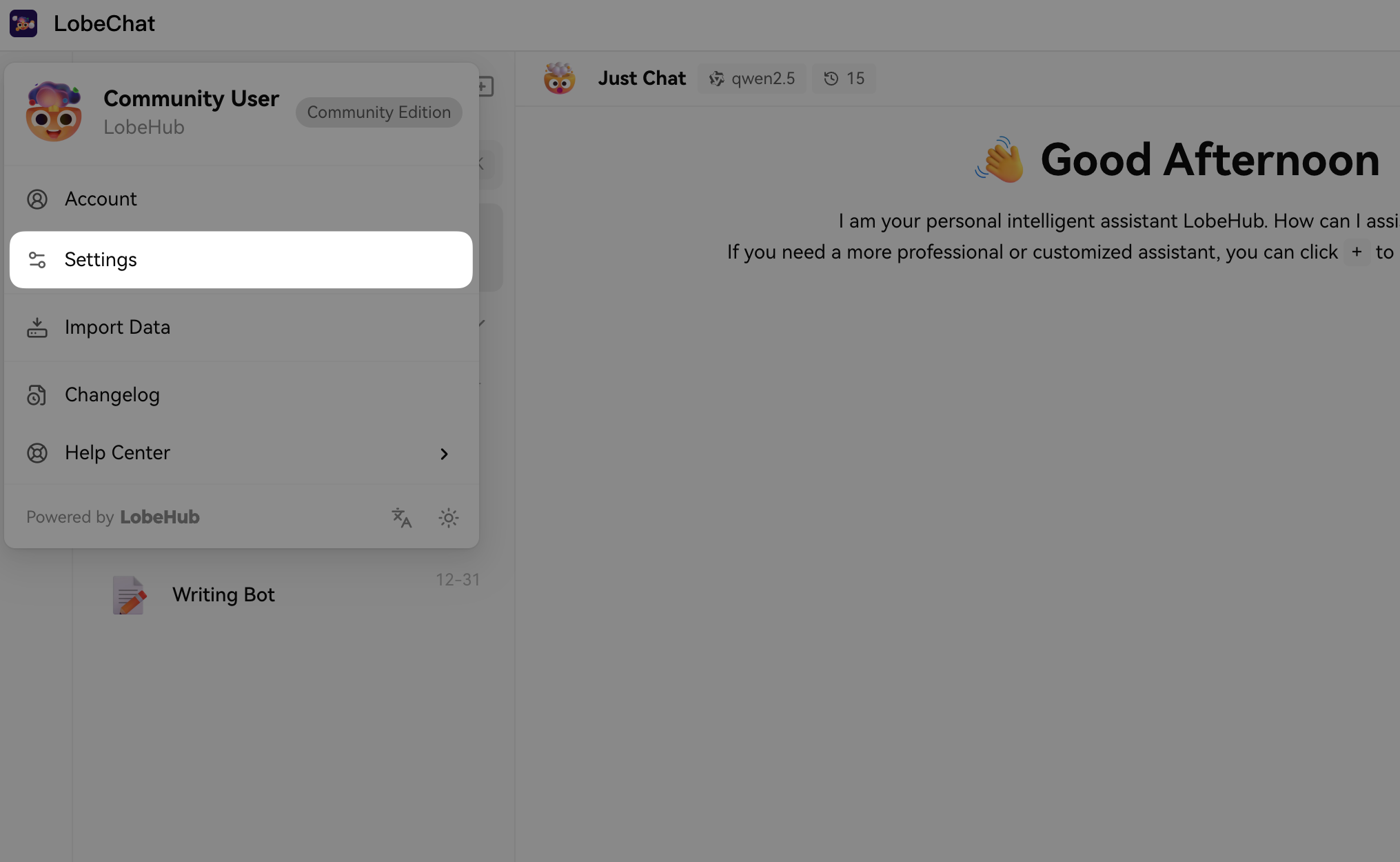 LobeChat settings menu