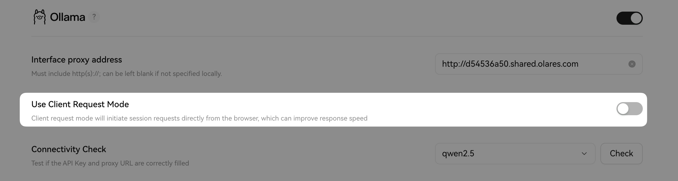 Disable the use client request mode option