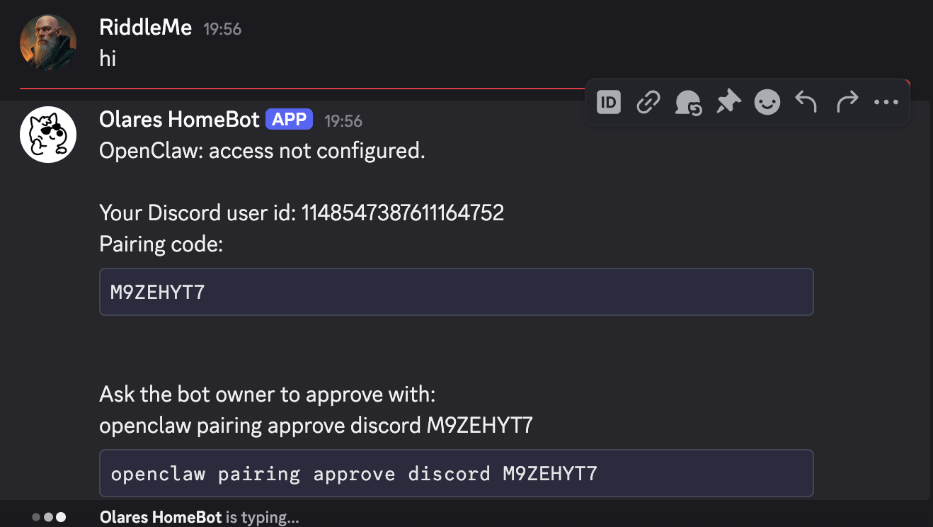 Pairing code from the bot DM