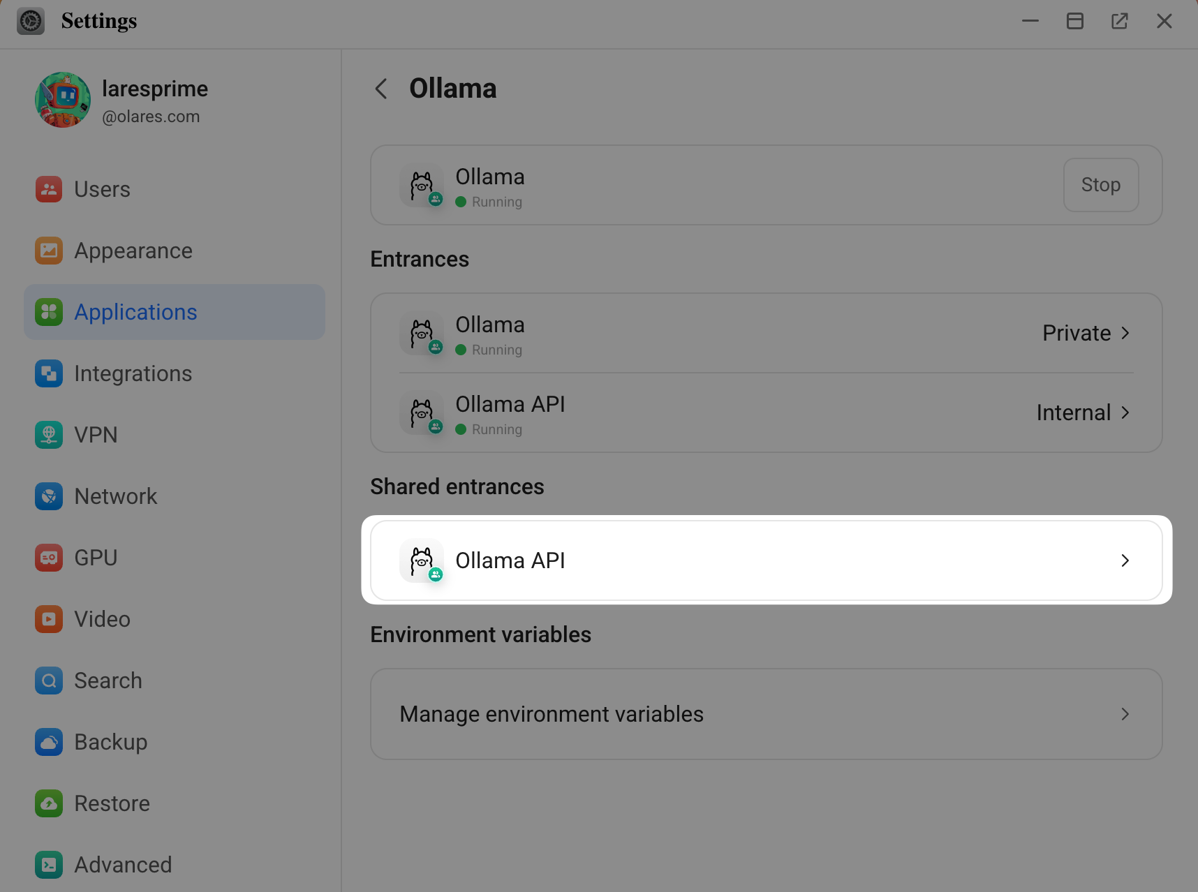 Obtain Ollama host address from Olares Settings