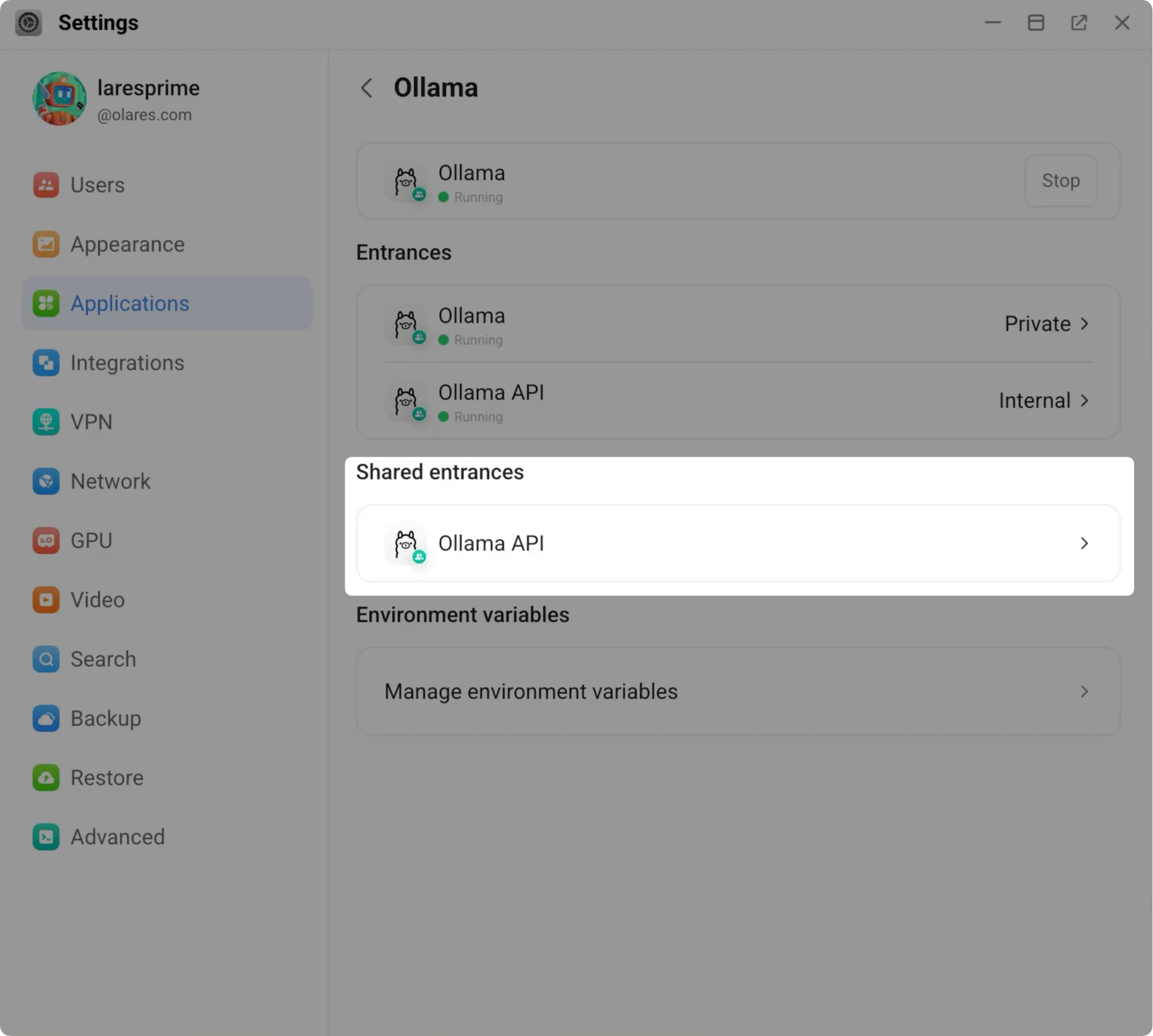 Ollama shared entrance in Settings