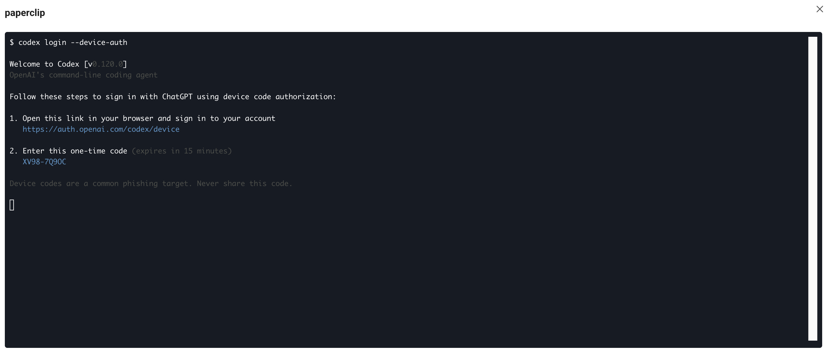Codex device-auth result