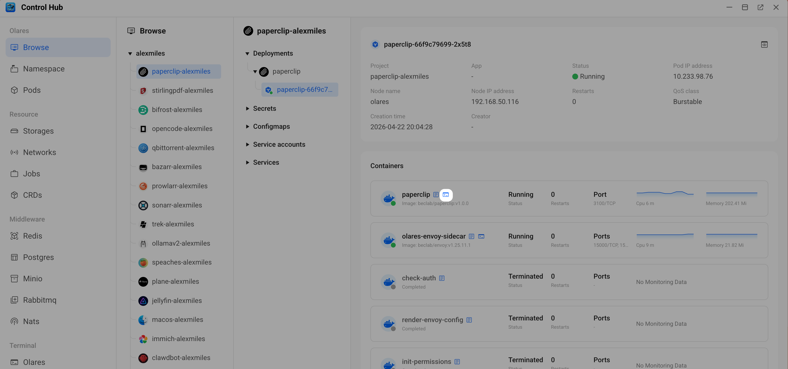 Open the Paperclip pod terminal from Control Hub