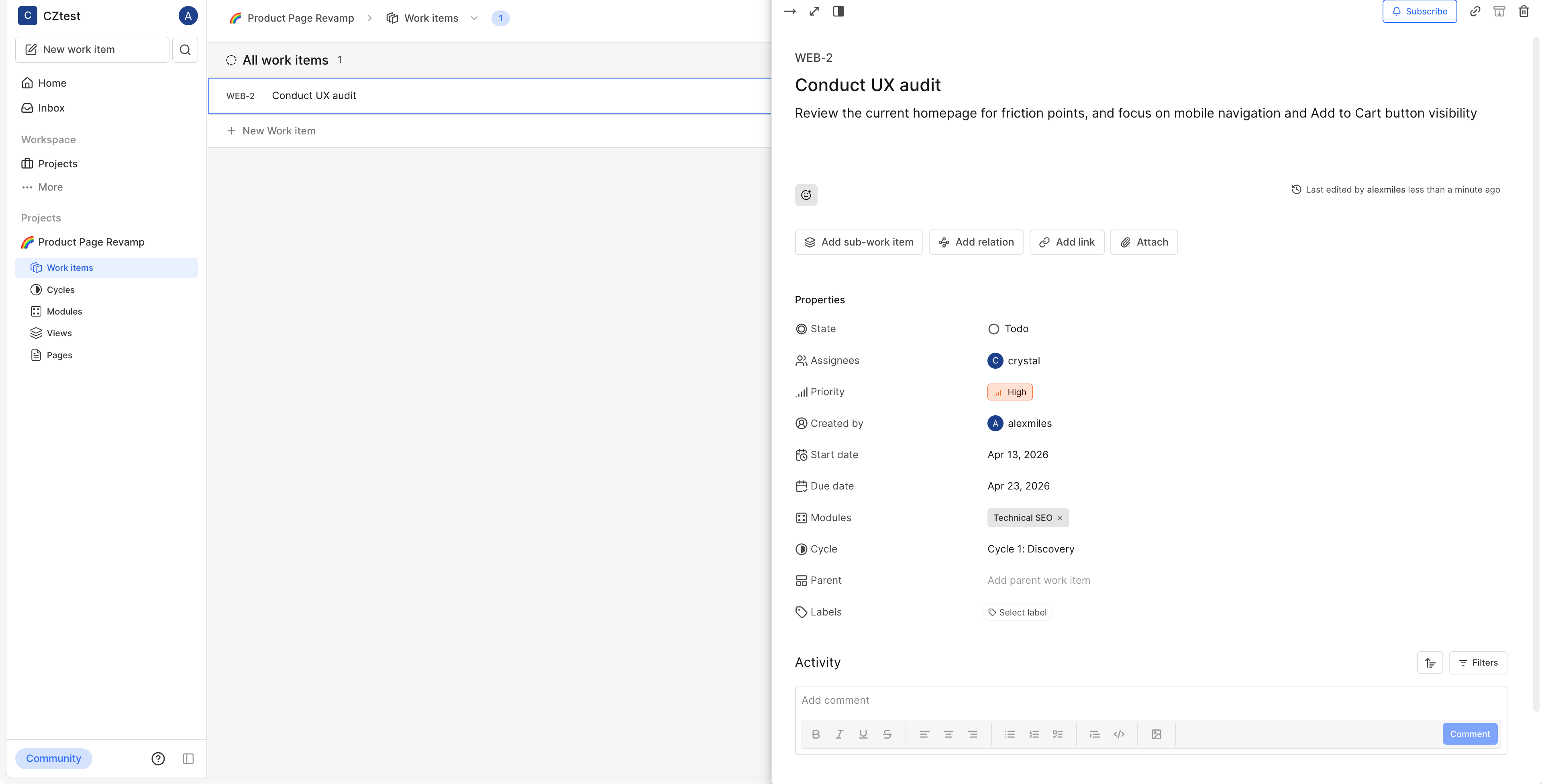 Work item details page