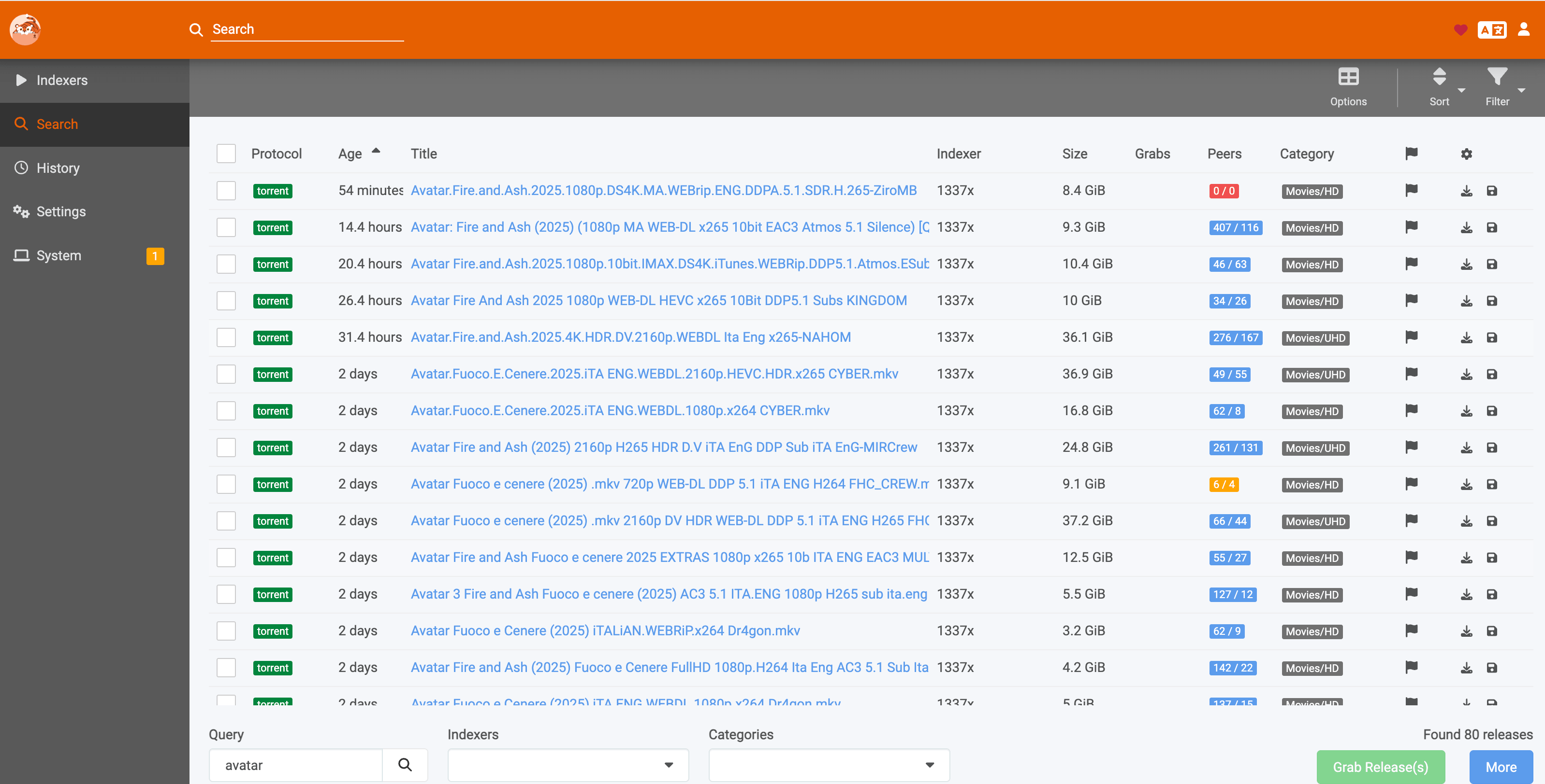 Prowlarr search results