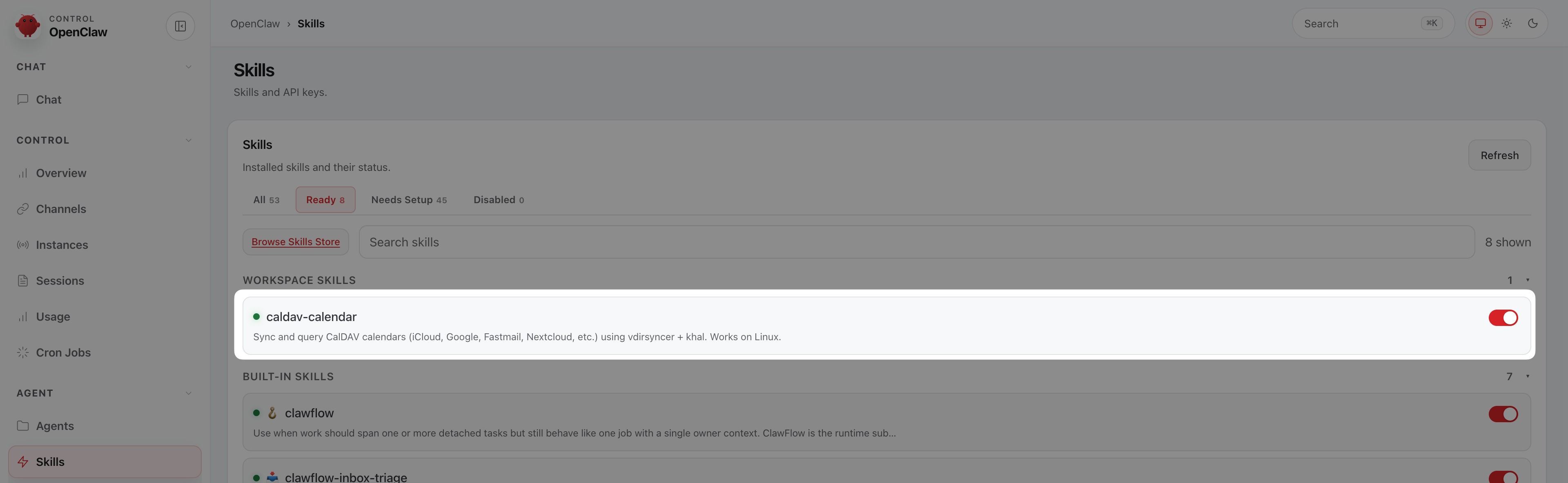 Newly installed skill is enabled