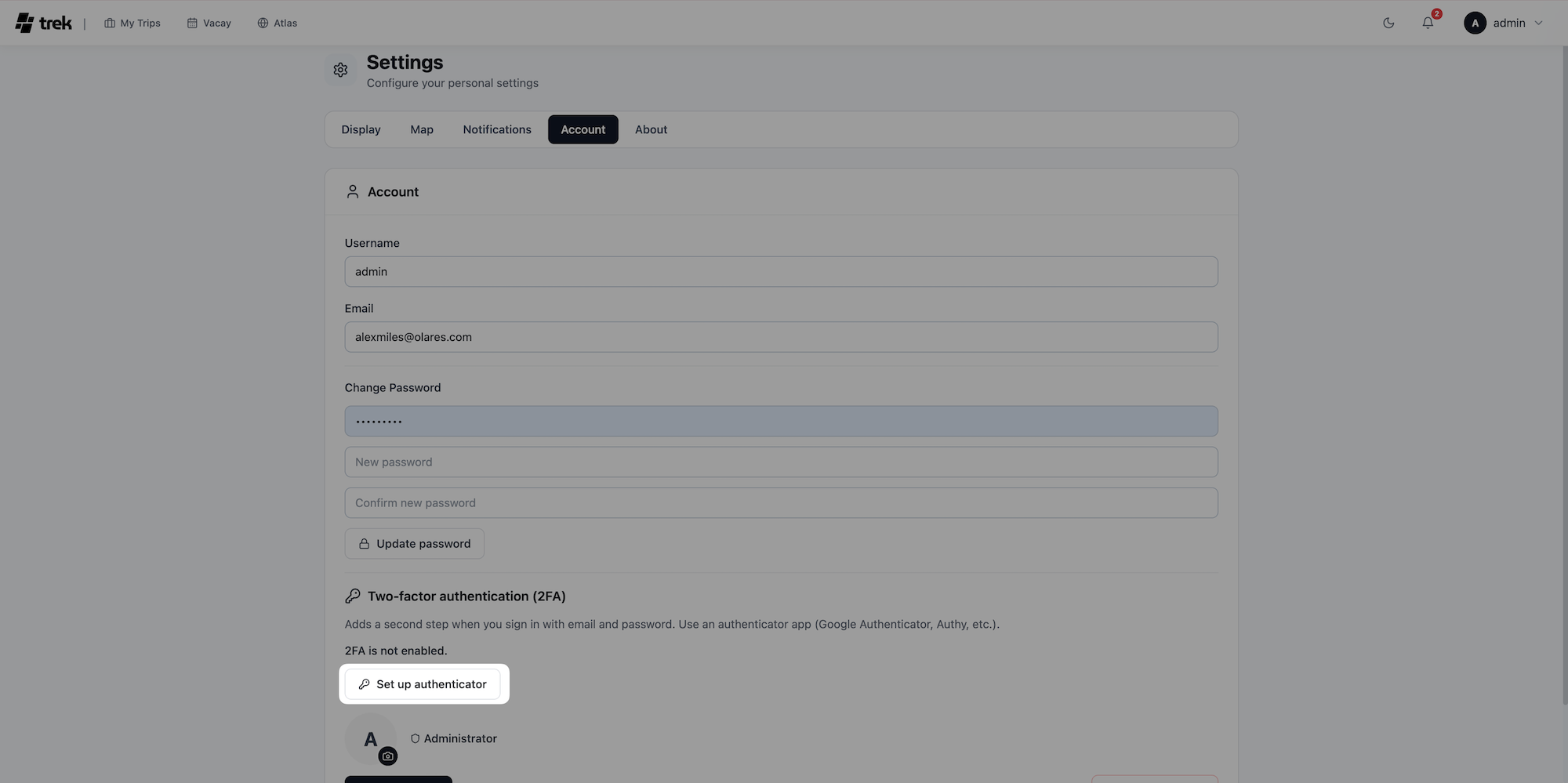 Enable 2FA for admin account