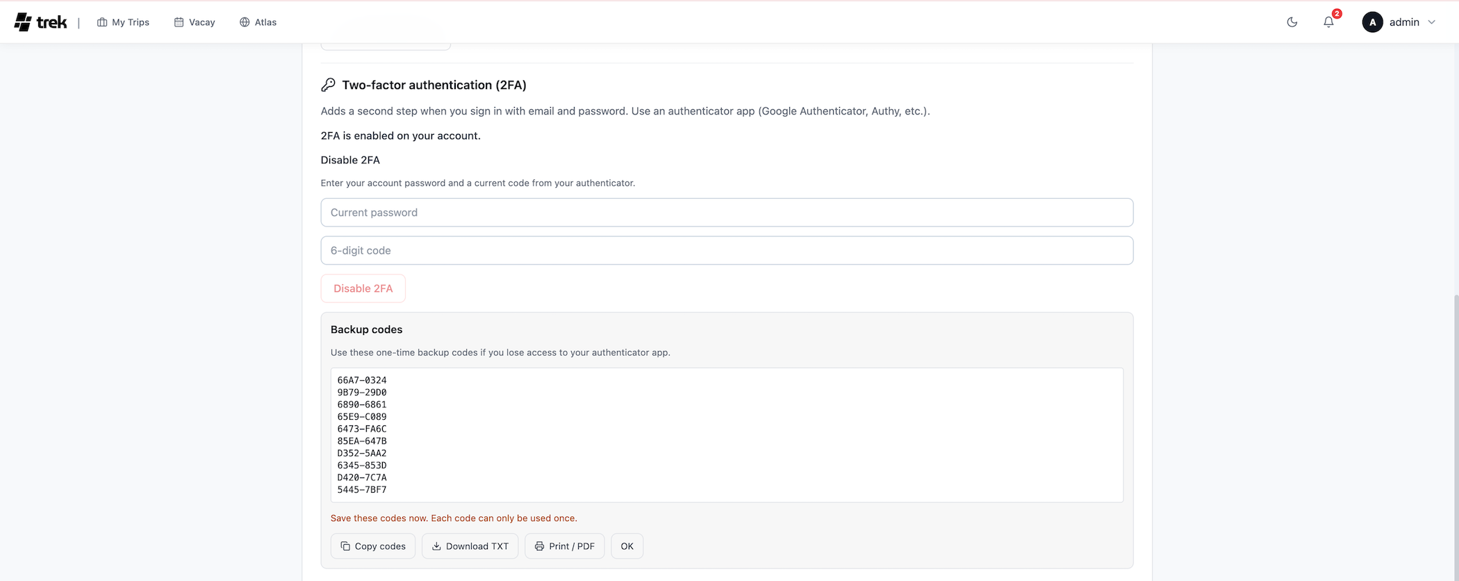 Note down backup codes