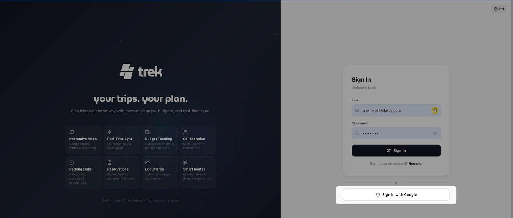 TREK sign in with Google account